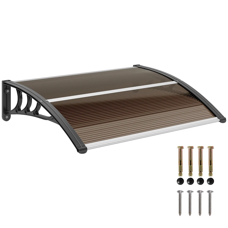 Outsunny Front Door Canopy Outdoor Awning Aluminium Rigid Plastic Polycarbonate Rain Shelter UV Water Rain Resistant 120 x 75cm Brown