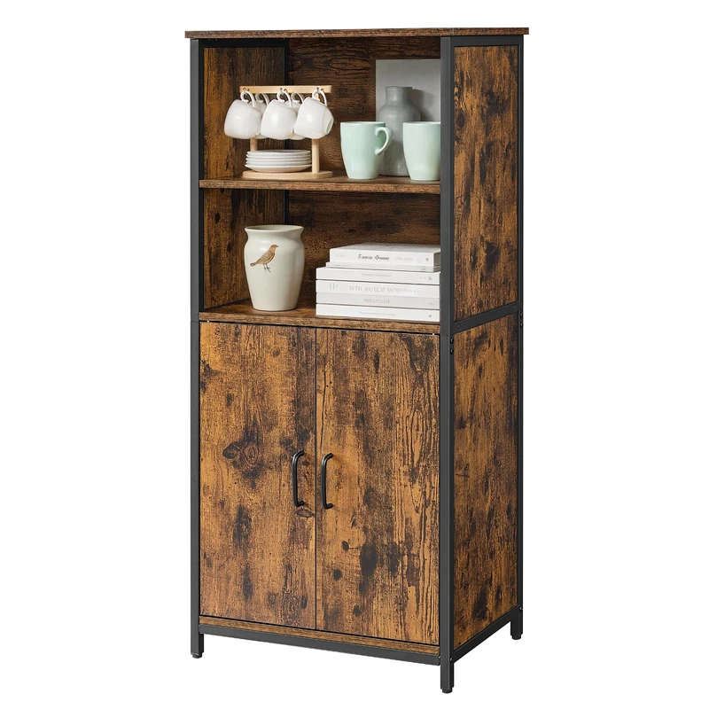 VASAGLE Freestanding Storage Cabinet, Cupboard, Bookcase, 2 Shelves and a Cabinet with an Adjustable Shelf, Steel Frame, for Living Room, Kitchen, Home Office, Rustic Brown and Black LSC66BX