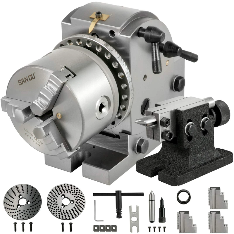 VEVOR Dividing Head 4 Inch Indexing Head Milling 100MM Semi-Universal Dividing Head 4 Inch 3 jaw Chuck Dividing Head Set with Index Plates and Tailstock for Precision Rotary Table