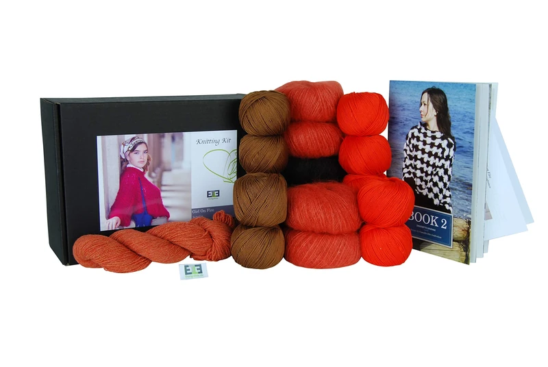 DesignEtte Knitting Kit Girl on Fire 100 Percent Mercerized Egyptian Cotton Superkid Mohair Silk and Shetland Wool Blend 2X 3X-Large Orange/Brown No-s-2719, 2XL/3XL