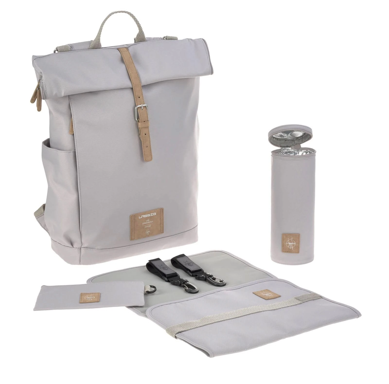 LÄSSIG Baby changing backpack with changing mat, pram attachment, bottle warmer water-repellent sustainably produced/Rolltop Backpack grey