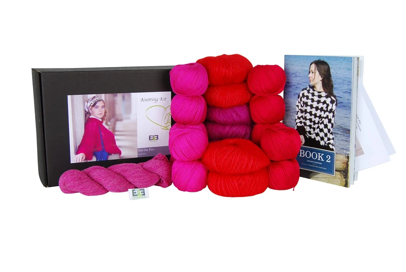 DesignEtte Knitting Kit Girl on Fire 100 Percent Mercerized Egyptian Cotton Superkid Mohair Silk and Shetland Wool Blend Small Medium Red/Pink No-s-2719, S/M