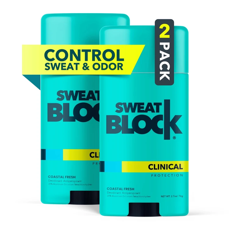 SweatBlock Deodorant Antiperspirant for Women & Men - 24-Hour High Degree Sweat & Odor Protection - Non-Irritating Smooth Glide - Coastal Fresh Scent (2 Pack)