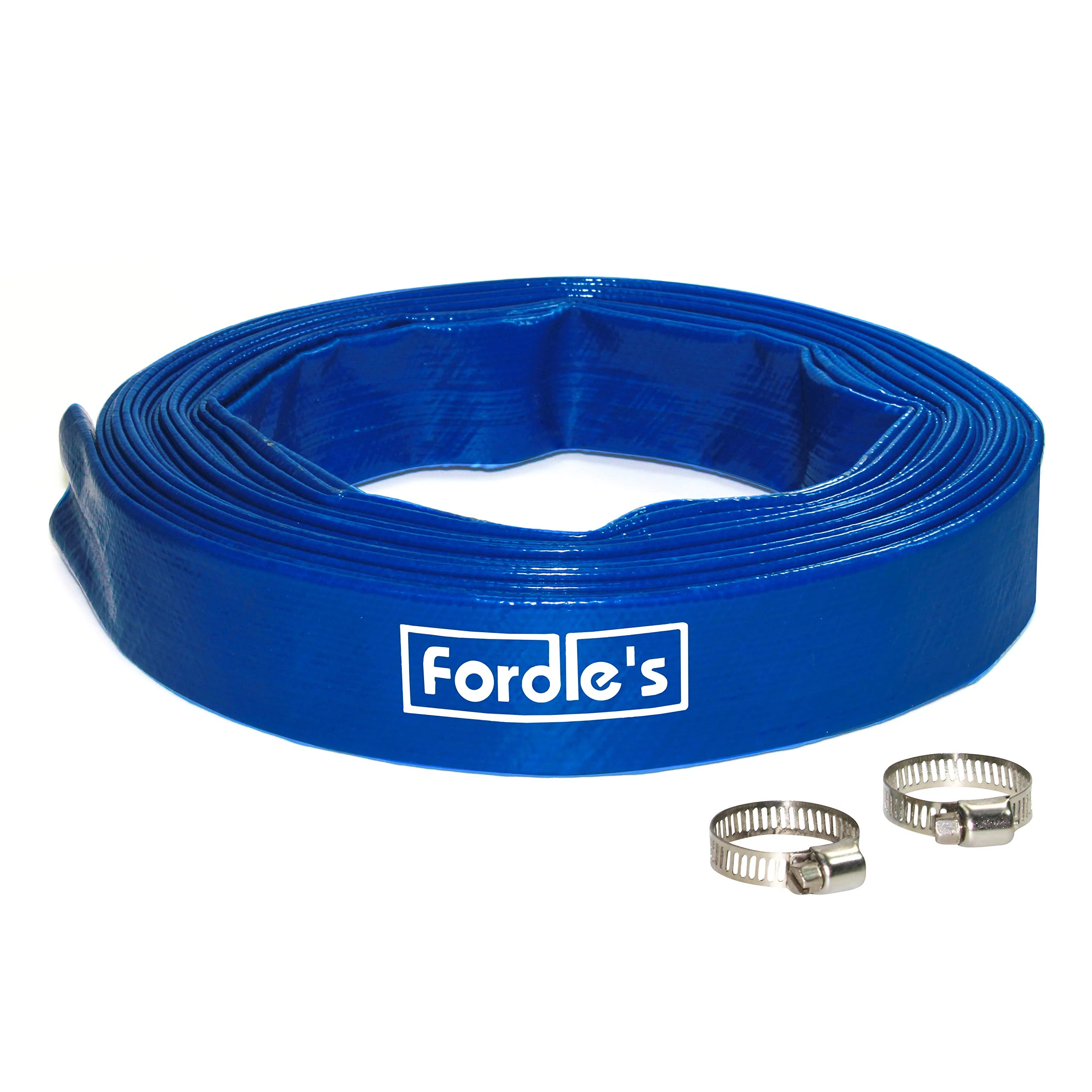 Fordle’s 10m x 25mm Diameter Layflat Discharge Hose Pipe Compatible with Submersible Water Pump – Blue PVC Reinforced with Polyester– Includes 2 Clips