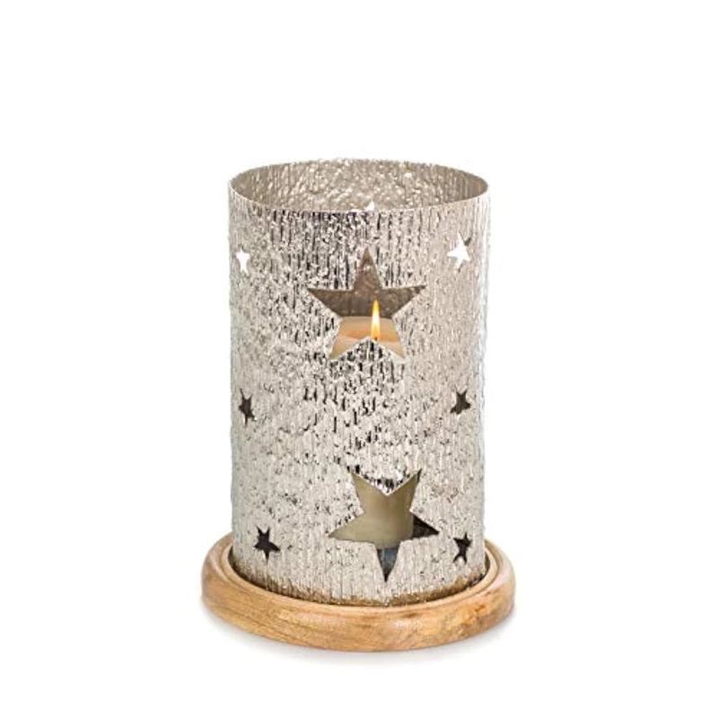 EUROCINSA Ref. NHOA 26547 Nickel Plated Aluminium Candle Holder with Die-Cut Stars 17/21 Diameter x 28 cm 1pc, Silver, One Size