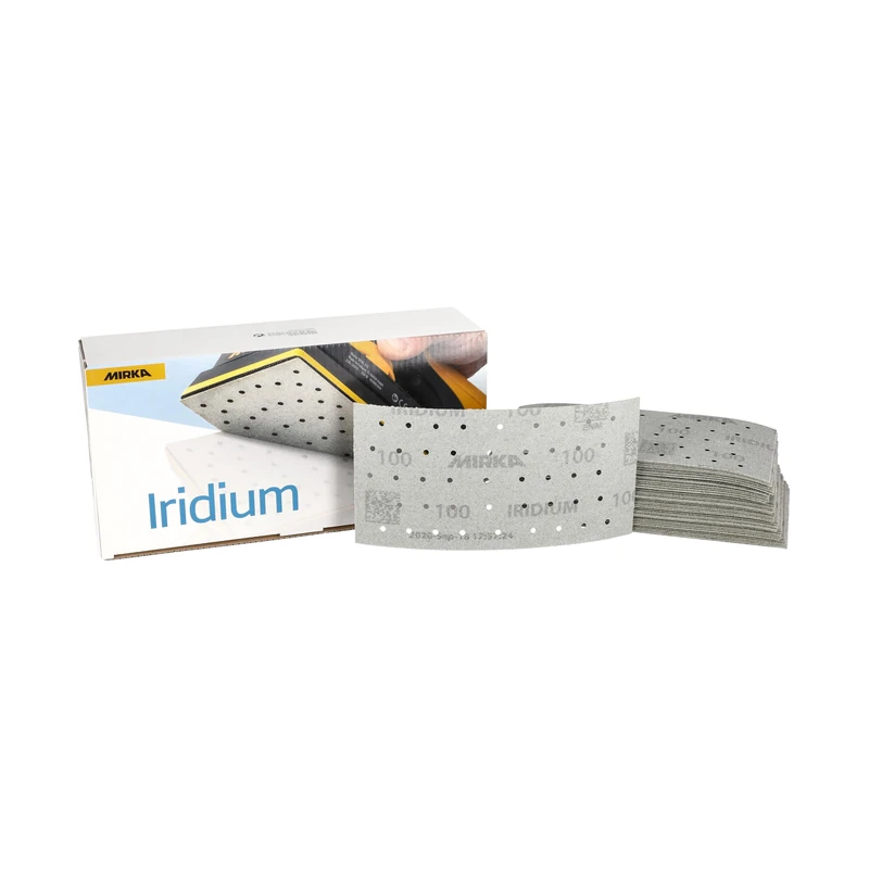 Mirka Iridium Premium Sandpaper 93x180mm Hook & loop 45-Hole, Grit 100, 50 pcs/For sanding paint, putty, primer, wood, steel, mineral materials, plastic. - Image 1