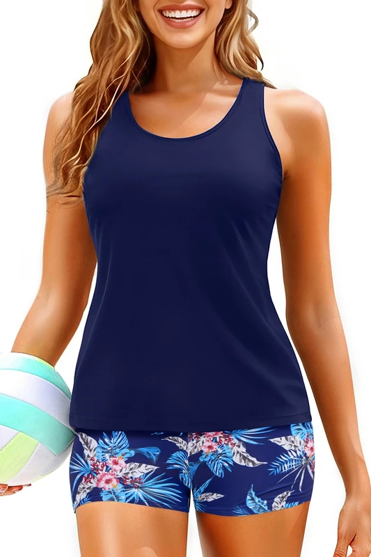 Yonique Tankini Swimsuits for Women 3 Piece Bathing Suits Swim Tank Top with Boy Shorts and Bra Modest Swimwear, Galaxy Blue Leaf, Large