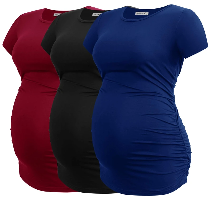 Smallshow Women's Maternity Shirt Side Ruched Tunic Pregnancy Top Clothes 3-Pack, Black/Navy/Wine, M