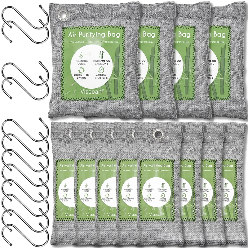 12 Pack Bamboo Charcoal Air Purifying Bag, Activated Charcoal Bags Odor Absorber, Moisture Absorber, Natural Car Air Freshener, Shoe Deodorizer, Odor Eliminators For Home, Pet, Closet (8x50g, 4x200g)