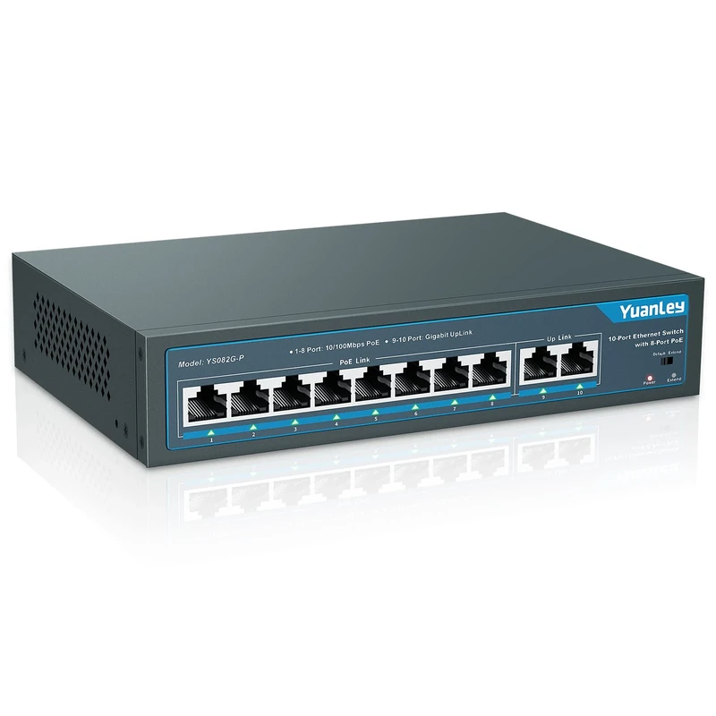 YuanLey 10 Port PoE Switch, 8 PoE+ Port 100Mbps, 2 Uplink Gigabit, 120W 802.3af/at, Extend Function, Metal Fanless Unmanaged