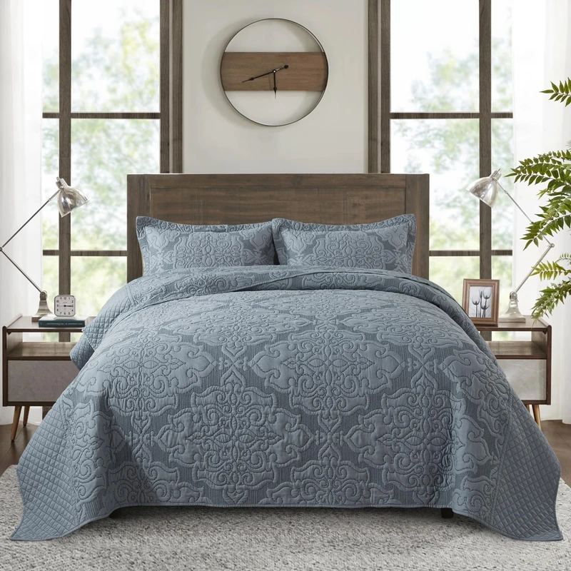 NEWLAKE Reversible Quilt Bedspread Embroidered Microfiber Coverlet Set,Jacquard Embossed Floral,Grey, Queen Size