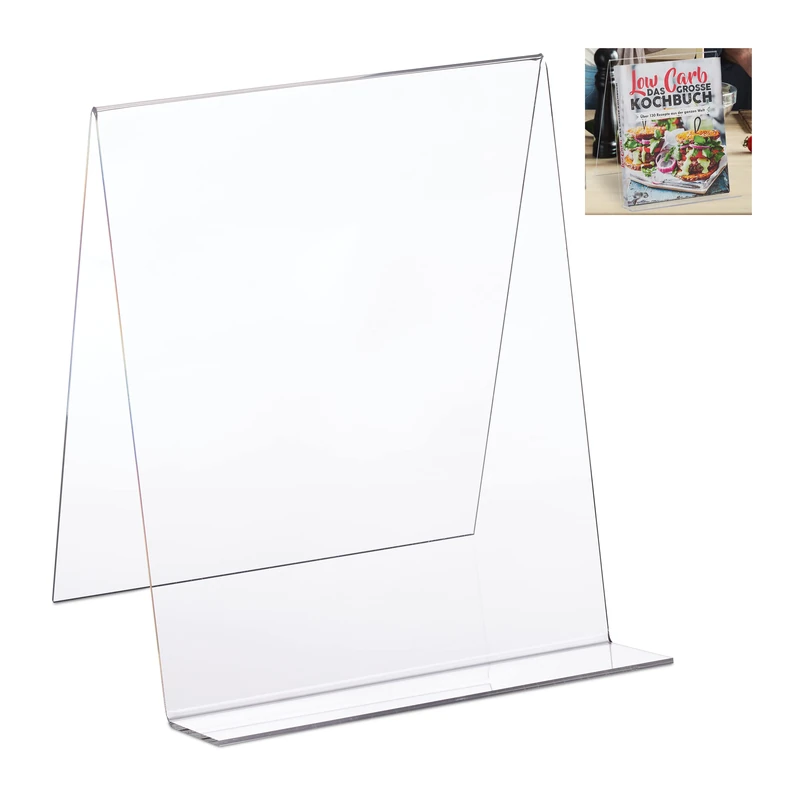 Relaxdays Book Stand, Acrylic Cookbook Holder, DIN A4, Easel, Sturdy, Tabletop Display, 24 x 20 x 20 cm, Transparent