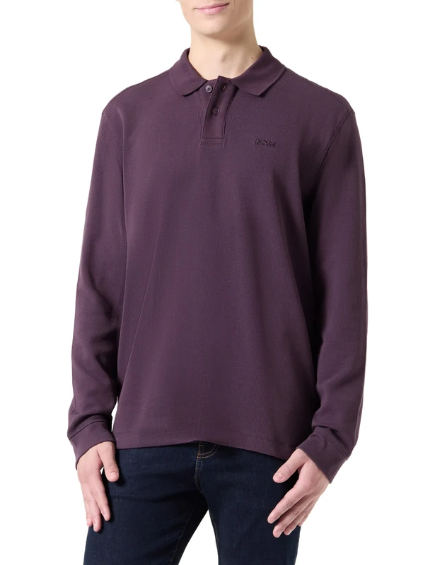 Boss Men's Petempesto Long Polo Shirt Made of Cotton Blend with Waffle Structure, Open Purple543, 3XL