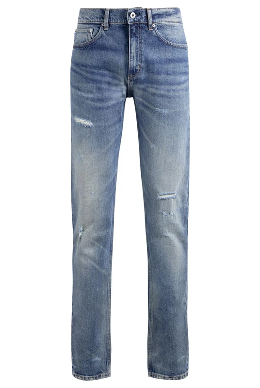 Hugo Men's Ash Slim Fit Jeans in Blue Stretch Denim with Distressed Effects, Navy, 40 W/32 L