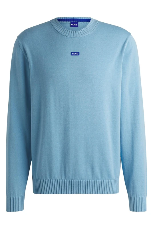 HUGO Men's San Cosmo-C Knitted Cotton Jumper with Blue Logo Label, Light/Pastel Blue, XL