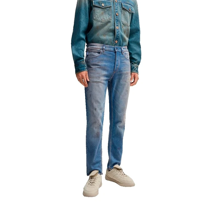 HUGO Mens Brody Tapered-fit Jeans in mud-Washed Blue Denim
