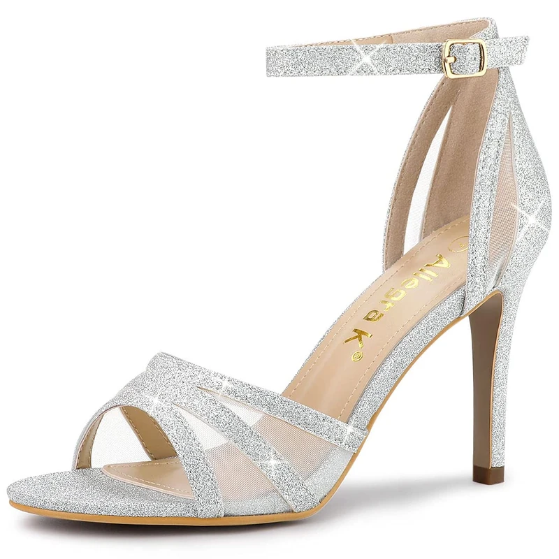 Allegra K Women's Glitter Ankle Strap Stiletto Heels Sandals Silver 6.5 UK/Label Size 8.5 US