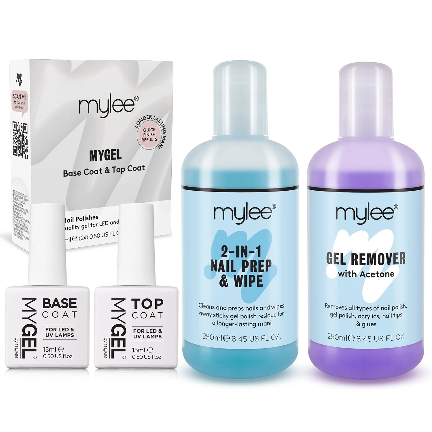 MYGEL Top & Base With Mylee Prep Wipe & Remover UV LED Nail Gel Polish Kit Soak Off