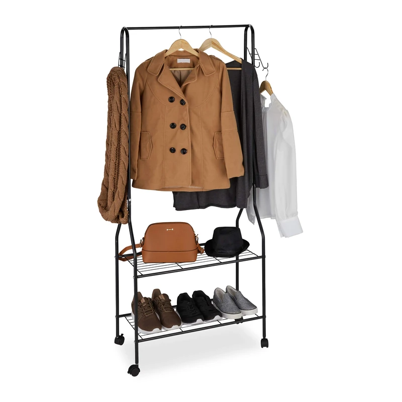 Relaxdays Rolling Wardrobe Stand with 2 Tiers for Shoes, Bags, Accessories, Hooks, Metal, Coat Rack, Black