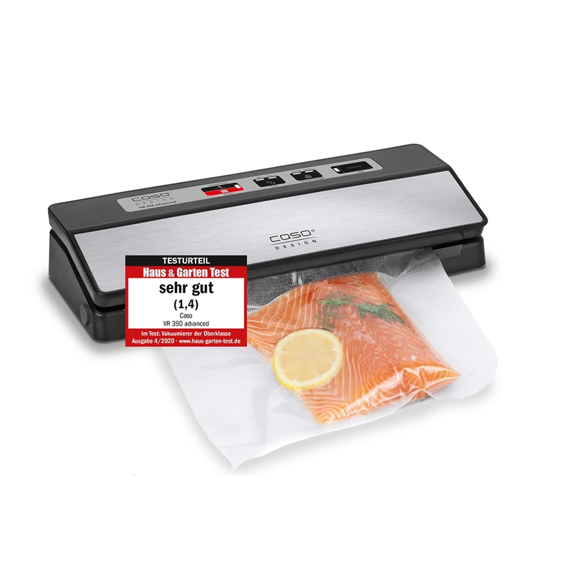 CASO VR 390 Advanced Vacuum Sealer with Up to 75 Non-Stop Vacuum Sealer Operations, Adjustable Vacuum Force, Removable Vacuum Chamber, Stainless Steel Front, with 10 Film Bags