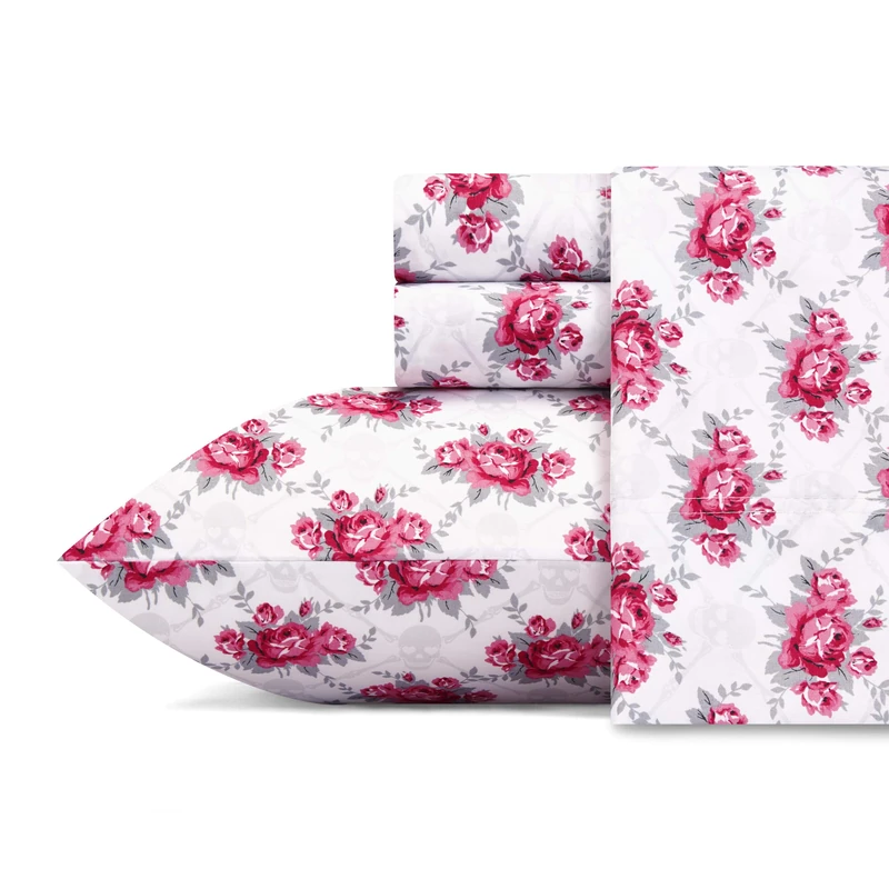 Betsey Johnson - King Sheets, Silky & Lightweight Bedding, Fade & Wrinkle Resistant (Skull Rose Trellis, King)