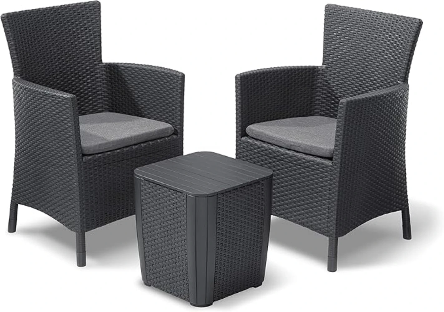 Keter Allibert Iowa Balcony Furniture Set Graphite/Cool Grey 3-Piece Includes Seat Cushion Plastic Flat Rattan Look Weatherproof UV Resistant