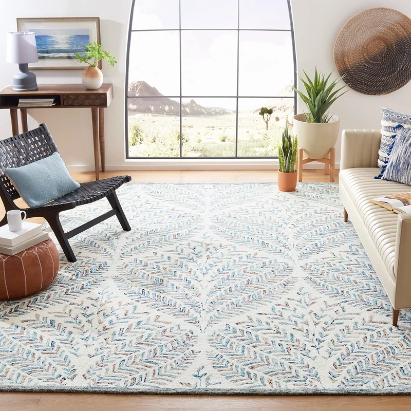 SAFAVIEH Modern Rug for Living Room, Dining Room, Bedroom - Capri Collection, Short Pile, in Beige and Blue, 91 X 91 cm