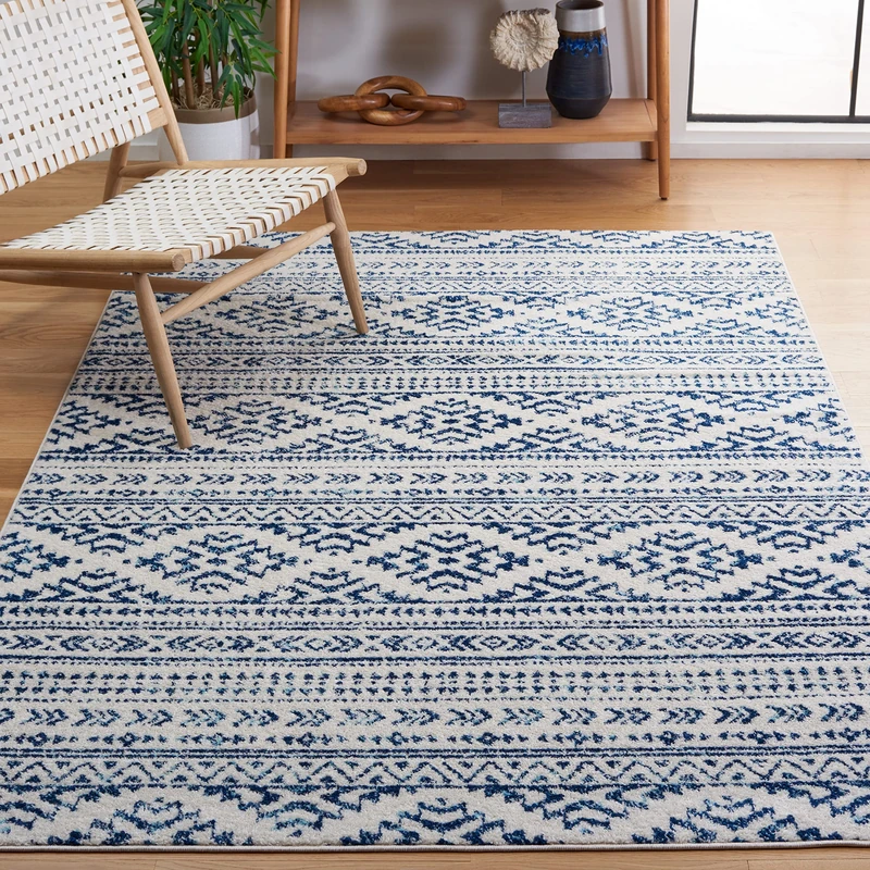 Safavieh Boho Chic Indoor Woven Rectangle Area Rug, Tulum Collection, TUL272, in Ivory / Navy, 183 X 274 cm for Living Room, Bedroom or Any Indoor Space - Image 1