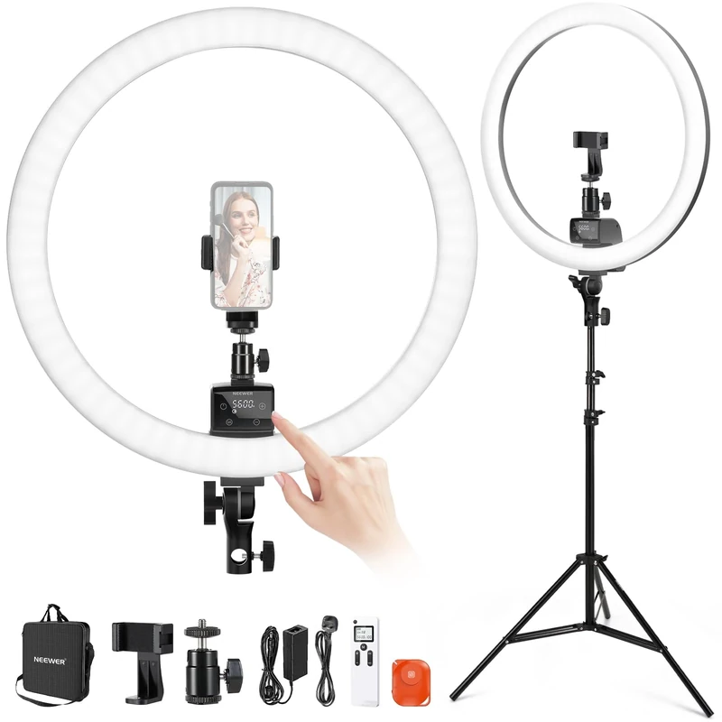 NEEWER Advanced 18 inch LED Ring Light for Phone, LCD Touch Screen, 2.4G Remote Lights Control, 3200-5600K, Tripod Light for iPhone Action Camera, for Studio Makeup TikTok YouTube Video Salon (Black)