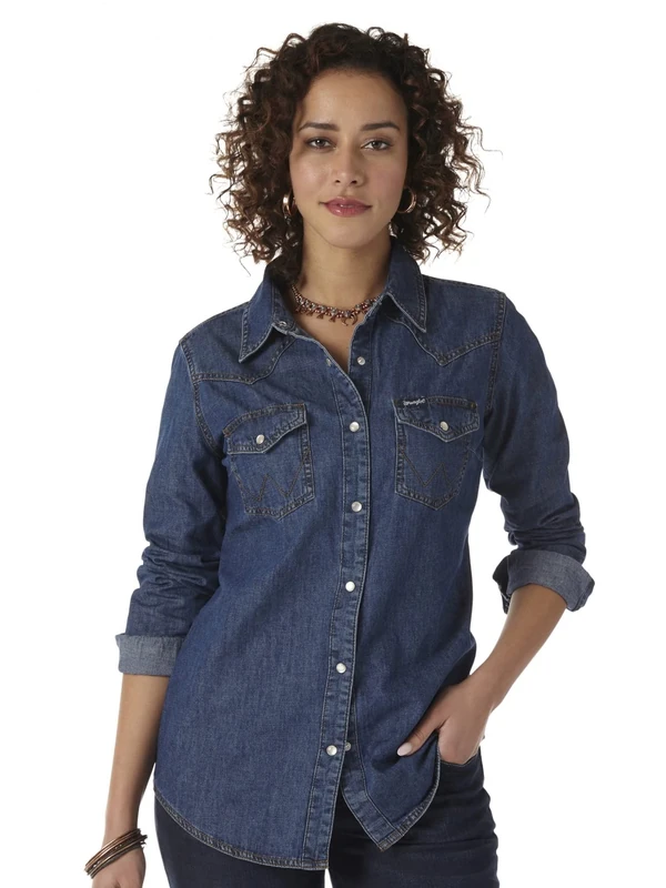 Wrangler Women's Retro Long Sleeve Western Denim Snap Shirt, Dark Denim, XL