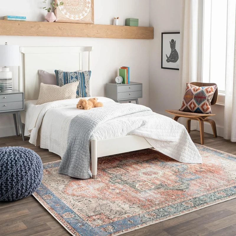 Livabliss Rodas Machine Washable Rug - Vintage Area Rugs Living Room, Large Rug 200x274 cm - Traditional Boho Style, Dining Room, Kitchen, Outdoor, Hallway - Burnt Orange, Rust and Dark Blue