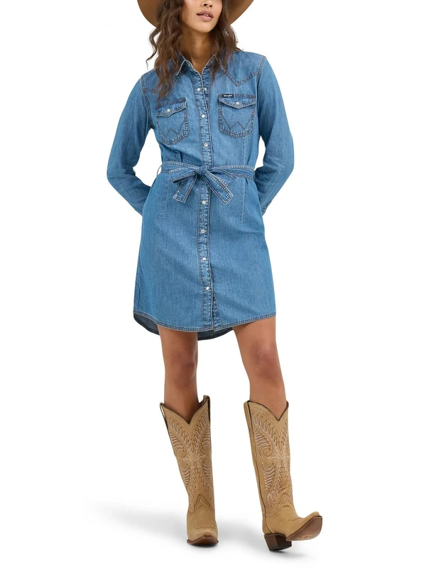 Wrangler Women's Retro Long Sleeve Western Snap Dress Casual, Mid Denim, S
