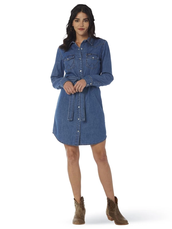 Wrangler Women's Long Sleeve Western Shirt Dress Casual, Mid Denim, X-Large