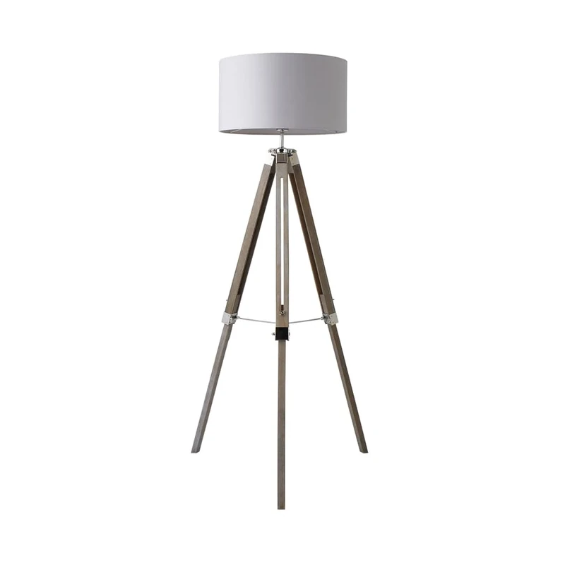 MiniSun | Modern Light Wood & Chrome Tripod Floor Lamp with a Grey Drum Shade | Floor Lamps & Torchieres, Home Décor & Improvement Essential | Includes Bulb [3000K Warm White]