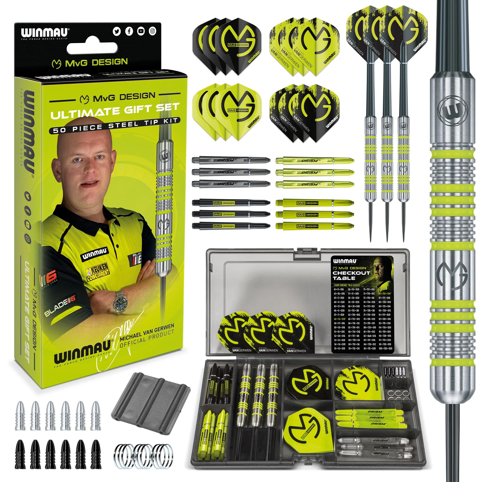 WINMAU Michael van Gerwen MvG 50 Piece Darts Gift Set - Includes 4 sets shafts, 4 sets flights plus accessories Black/Green M
