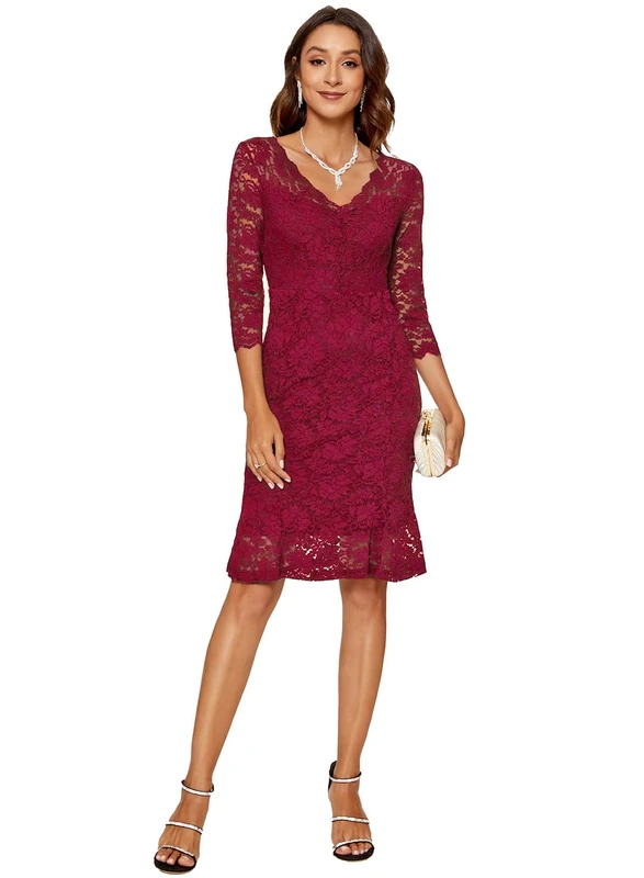 Atnlewhi Womens 3/4 Sleeve Slim Fit Lace Cocktail Dresses Party Wedding Guest V Neck Formal Evening Bodycon Dress, Burgundy, XL
