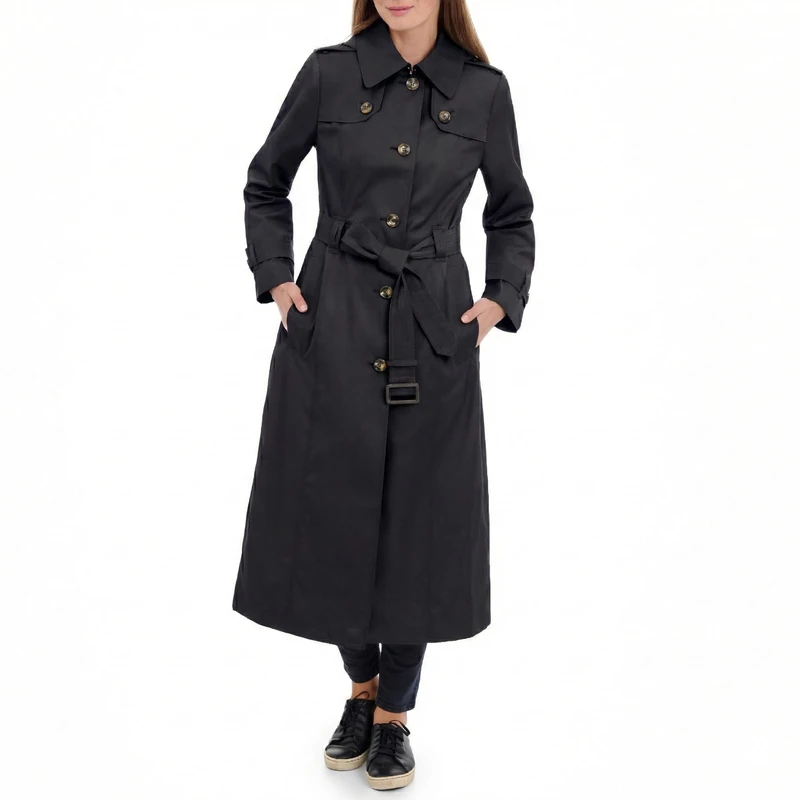 London Fog Women's Single Breasted Long Trench Coat with Epaulettes and Belt Trenchcoat, Black, L - Image 1