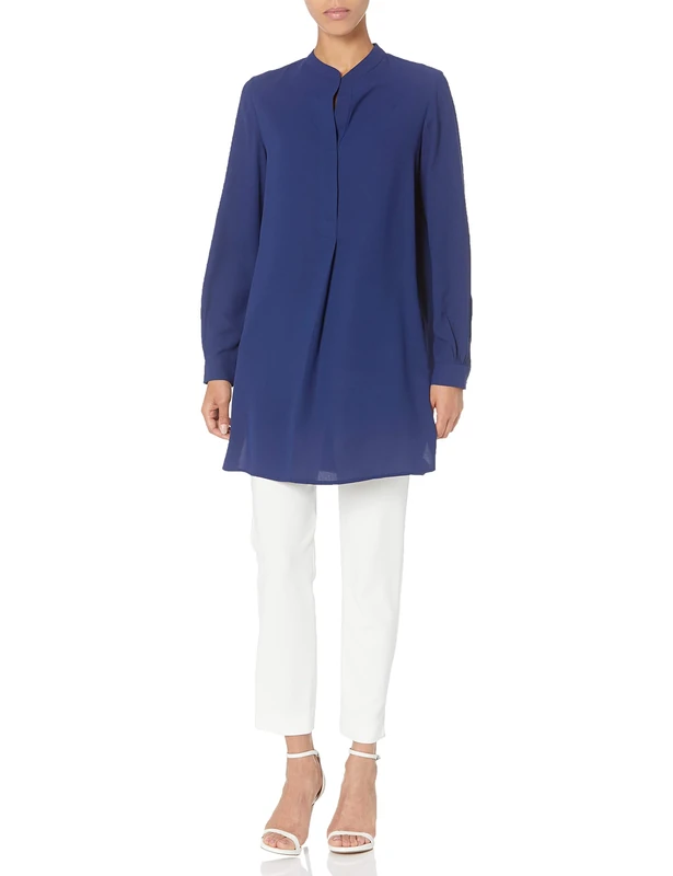 Anne Klein Women's Split Neck Long Tunic Blouse, Distant Mountain, XS