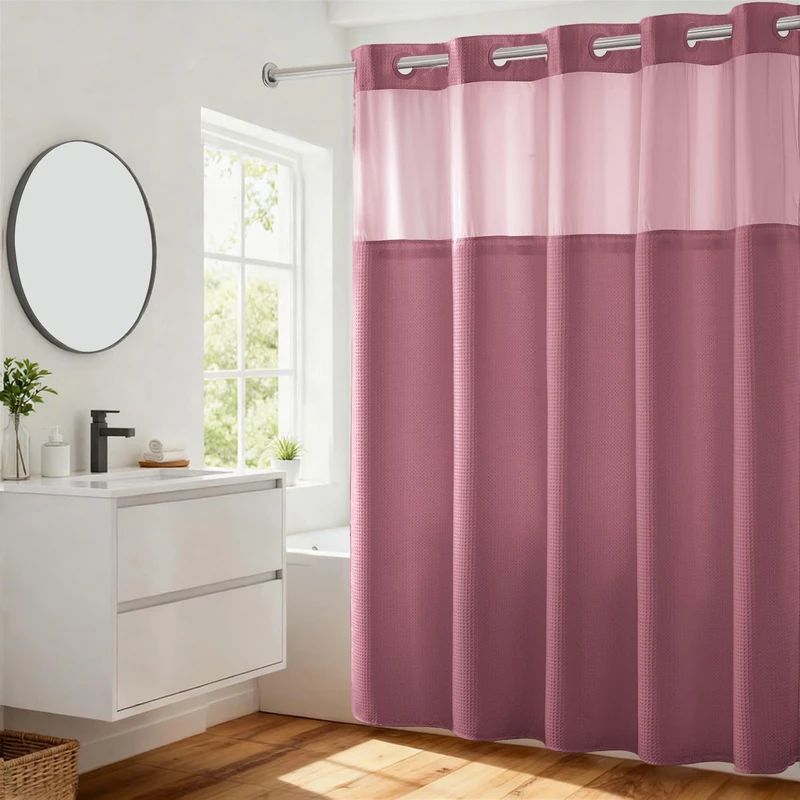 River Dream No Hooks Required Waffle Weave Shower Curtain with Snap in Liner - 71W x 74H,Hotel Grade,Spa Like Bath Curtain,Pale Mauve