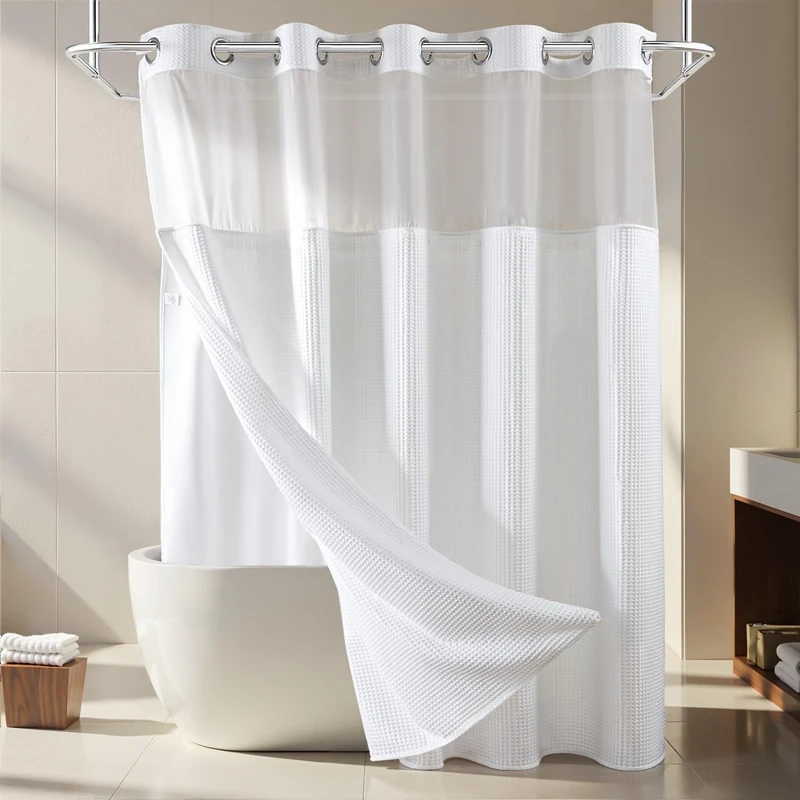 River Dream White Fabric Shower Curtain Set, Cotton Blend, Waffle Weave, with Snap in Replacement Liner，71 x 86 inches