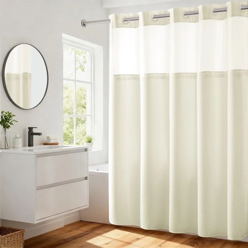 River Dream No Hooks Required Waffle Weave Shower Curtain with Snap in Liner - 71W x 74H,Hotel Grade,Spa Like Bath Curtain,Cream