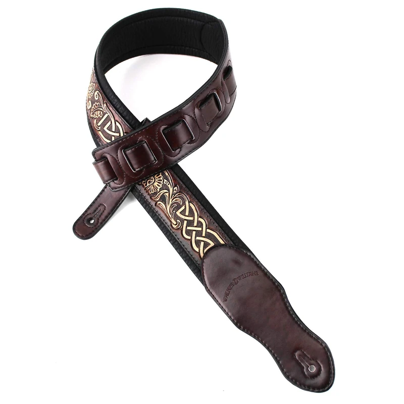 Walker & Williams KB-05-BRN Dark Walnut Full Grain Center Block Carving Leather Padded Guitar Strap With Aged White Celtic Chain, Brown - Image 1