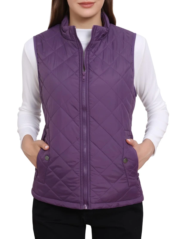 Allegra K Women's Puffer Vest Stand Collar Lightweight Gilet Quilted Zip Vest, Purple, S