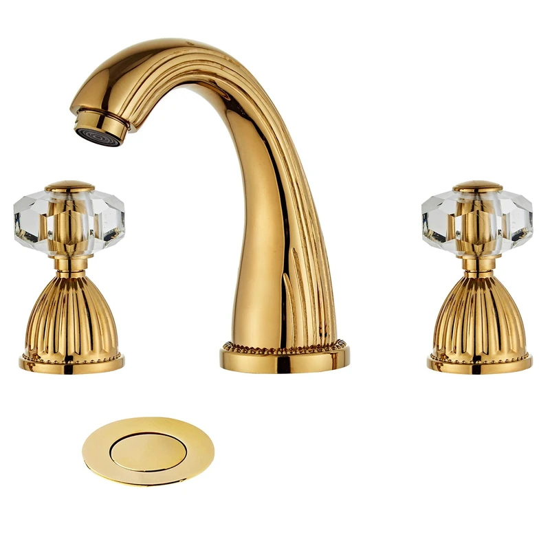 YANNLII Shiny Polished Gold Widespread Waterfall Bathroom Sink Faucet,Two Crystal Handle Three Hole Lavatory Faucet,8-16 Inch Basin Mixer Tap with Pop Up Drain,French Gold