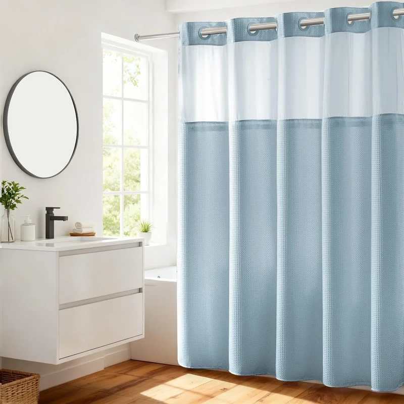 River Dream No Hooks Required Waffle Weave Shower Curtain with Snap in Liner - 71W x 74H,Hotel Grade,Spa Like Bath Curtain,Blue