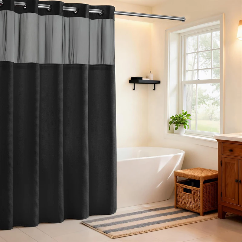 River Dream No Hooks Required Waffle Weave Shower Curtain with Snap in Liner - 71W x 74H,Hotel Grade,Spa Like Bath Curtain,Black