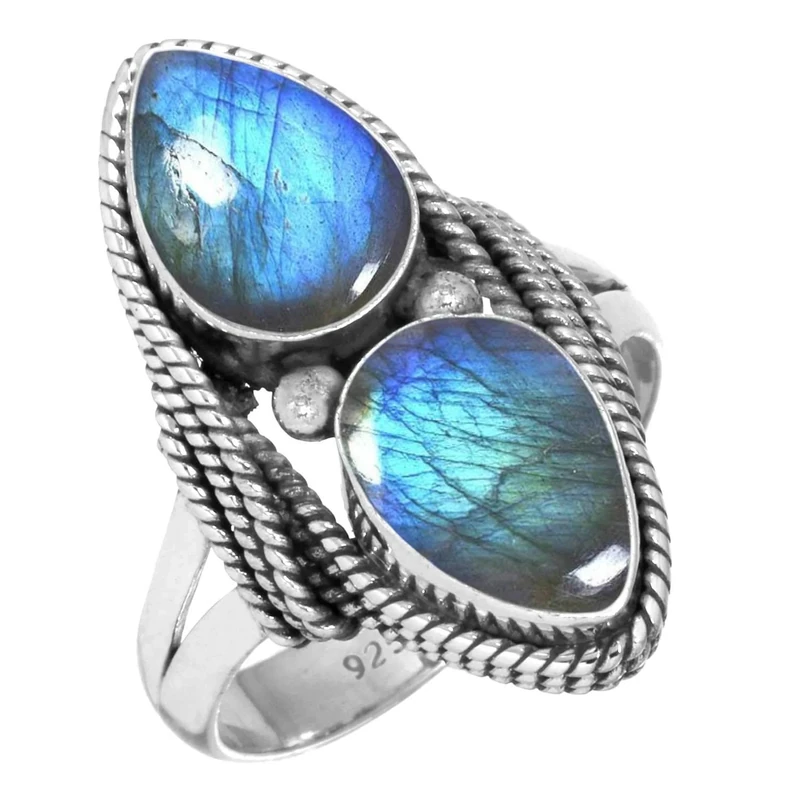 Jeweloporium Gray Labradorite Silver Ring Size O, 925 Sterling Silver Ring for Women, Real Pear Stone Boho Jewellery