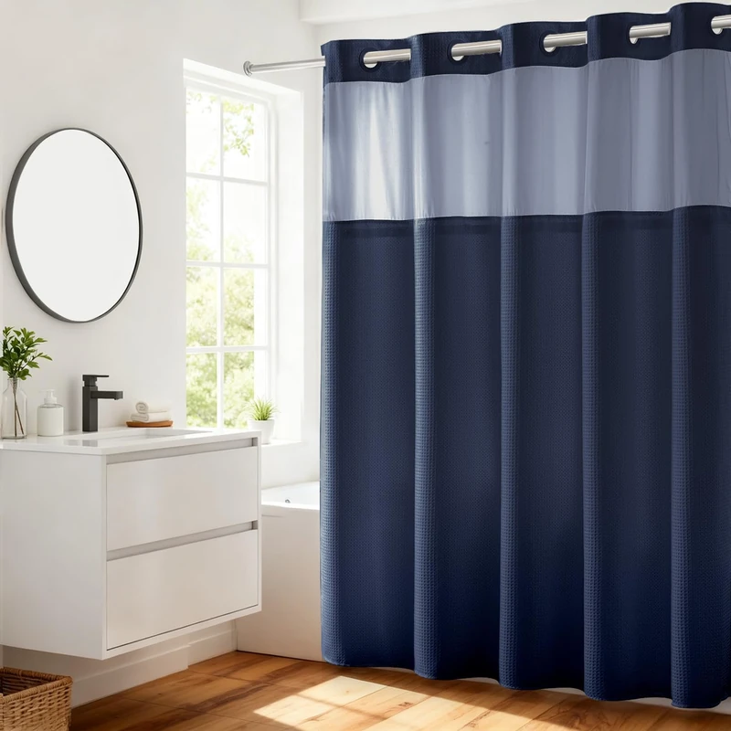 River Dream No Hooks Required Waffle Weave Shower Curtain with Snap in Liner - 71W x 74H,Hotel Grade,Spa Like Bath Curtain,Navy