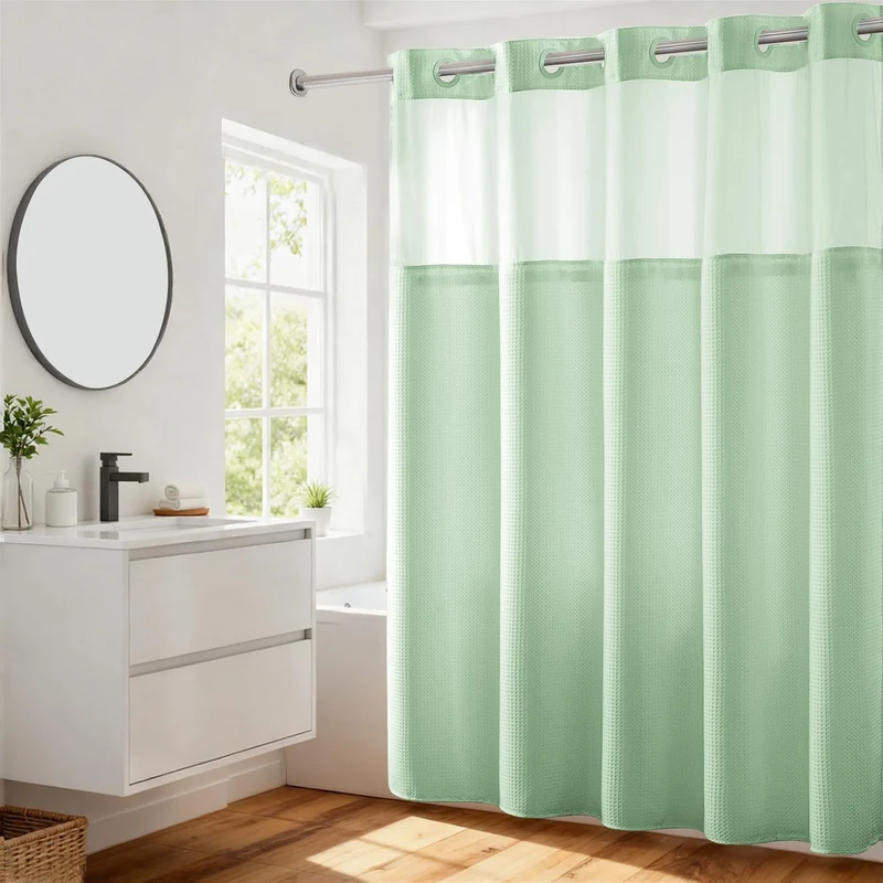 River Dream No Hooks Required Waffle Weave Shower Curtain with Snap in Liner - 71W x 74H,Hotel Grade,Spa Like Bath Curtain,Green Light