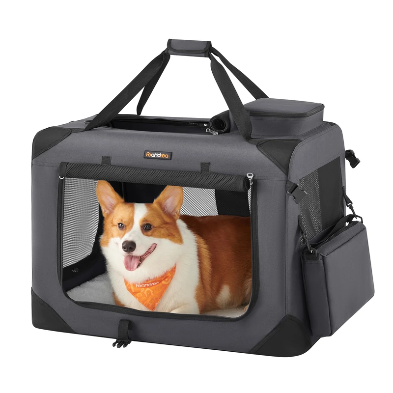 Feandrea Foldable Pet Carrier Bag, Portable Dog Travel Crate, Soft Sided Dog Cat Pet Travel Carrier Large Dog Crate for Car with Breathable Mesh and Storage Pockets, 70 x 52 x 52 cm, Grey PDC70GY